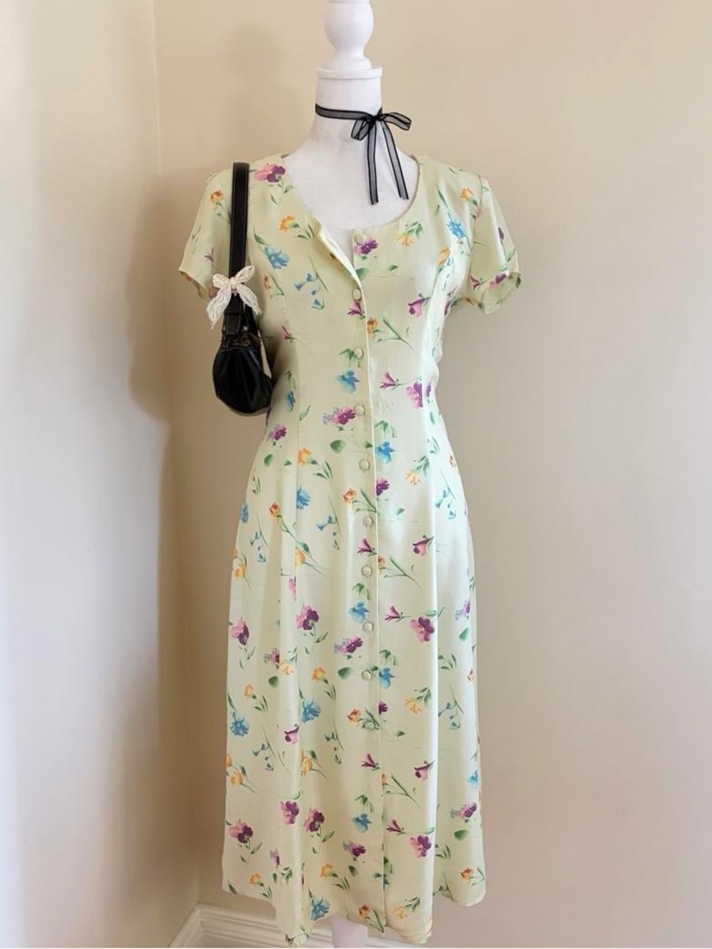Vintage 90s floral green babydoll midi tie back dress coquette cottagecore 0 XS